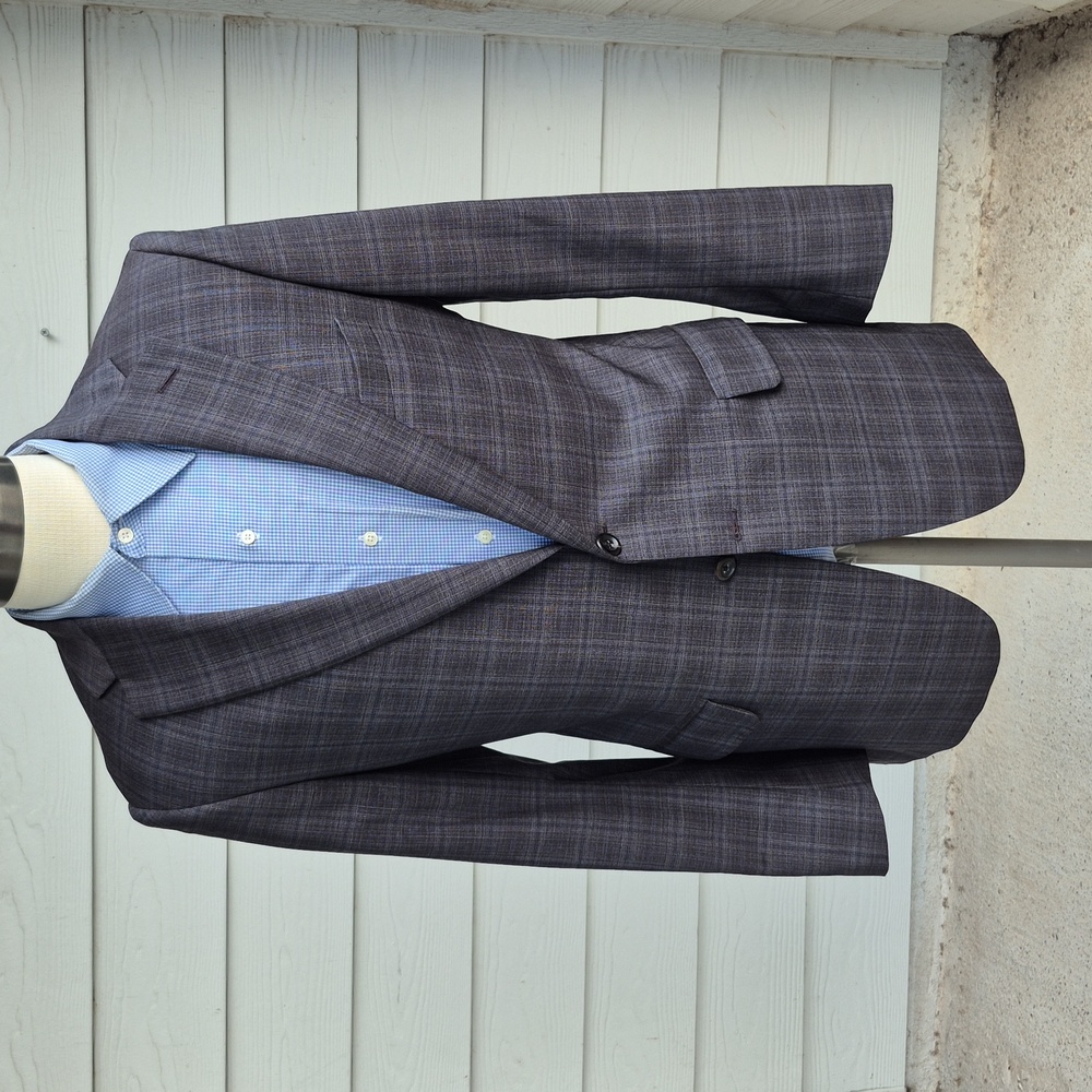 TOM JAMES EH Grey Brown Blue Plaid Custom Super 110s Wool 38 R Mens‎ Sport Coat